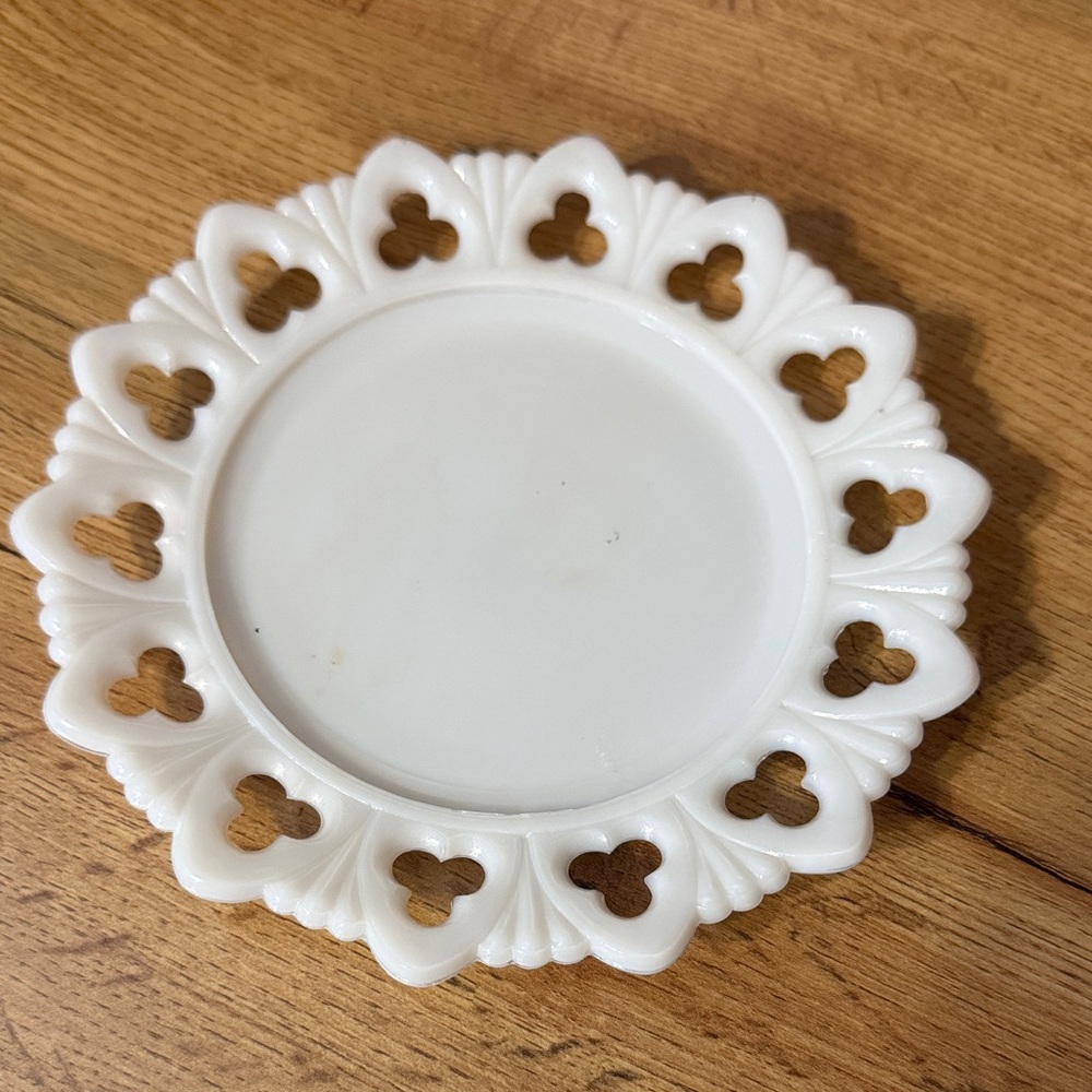 Vintage Kemple White Milk Glass Plate with Heart Cutout Design
